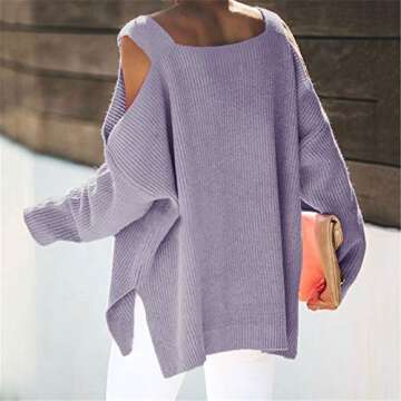 MaQiYa Women's Cold Shoulder Oversized Sweaters Batwing Long Sleeve Square Neck Chunky Knit Fall Tunic Sweater Tops Purple