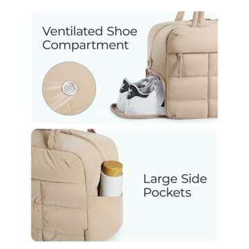 BAGSMART Puffer Travel Duffel Bag, Small Gym Bag for Women, Water-resistant Weekender with Shoe Compartment, Pink