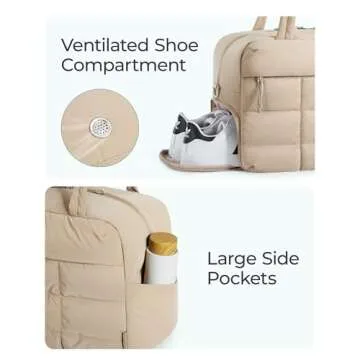 BAGSMART Puffer Travel Duffel Bag, Small Gym Bag for Women, Water-resistant Weekender with Shoe Compartment, Pink