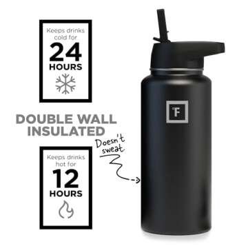 IRON °FLASK Camping & Hiking Hydration Flask with 3 Lids - Stainless Steel, Double Walled & Vacuum Insulated Water Bottle - Leak Proof & BPA Free (Midnight Black, Straw - 32 oz)