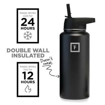 IRON °FLASK Camping & Hiking Hydration Flask with 3 Lids - Stainless Steel, Double Walled & Vacuum Insulated Water Bottle - Leak Proof & BPA Free (Midnight Black, Straw - 32 oz)