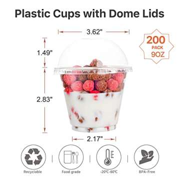 Lullaby 200Pack 9oz Clear Plastic Cups with Dome Lids, Dessert Cups with Lids, Disposable Parfait Cups, Party Cups Cupcake for Parties and Daily Use