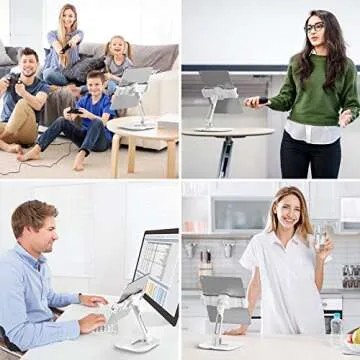 AboveTEK Tablet Stand Holder, Stylish Aluminum iPad Stands, Foldable 360° Swivel iPad iPhone Table Stand Holder fits 4-11" Tablets/Smartphones for Kitchen Bedside Office POS Showroom Reception (White)