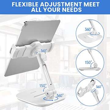 AboveTEK Tablet Stand Holder, Stylish Aluminum iPad Stands, Foldable 360° Swivel iPad iPhone Table Stand Holder fits 4-11" Tablets/Smartphones for Kitchen Bedside Office POS Showroom Reception (White)
