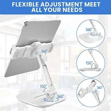 AboveTEK Tablet Stand Holder, Stylish Aluminum iPad Stands, Foldable 360° Swivel iPad iPhone Table Stand Holder fits 4-11" Tablets/Smartphones for Kitchen Bedside Office POS Showroom Reception (White)