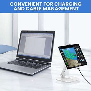 AboveTEK Tablet Stand Holder, Stylish Aluminum iPad Stands, Foldable 360° Swivel iPad iPhone Table Stand Holder fits 4-11" Tablets/Smartphones for Kitchen Bedside Office POS Showroom Reception (White)