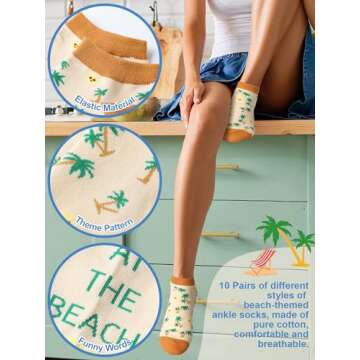 Cozypower 10 Pairs Funny Women Ankle Socks Flamingo Beach Low Cut Socks Novelty Casual Cotton Short Socks for Gift (Beach)