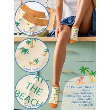 Cozypower 10 Pairs Funny Women Ankle Socks Flamingo Beach Low Cut Socks Novelty Casual Cotton Short Socks for Gift (Beach)