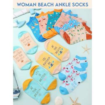 Cozypower 10 Pairs Funny Women Ankle Socks Flamingo Beach Low Cut Socks Novelty Casual Cotton Short Socks for Gift (Beach)