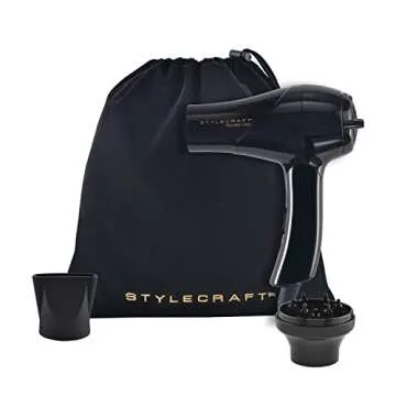 StyleCraft Peewee Dual Voltage Travel Dryer, Foldable Handle, Lightweight Portable Size, Tri-Plex Technology, Concentrator Nozzle, Diffuser, Travel Bag, Black