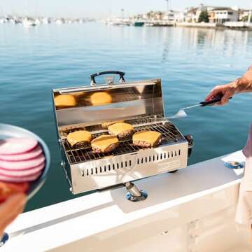 Magma Cabo Grill - Marine-Grade Stainless Steel Barbecue Grill for Boats - Portable Propane Gas with 9”x18” Grilling Surface - Heat-Resistant Handle, Fold-Away Legs - Ideal Boat Accessory