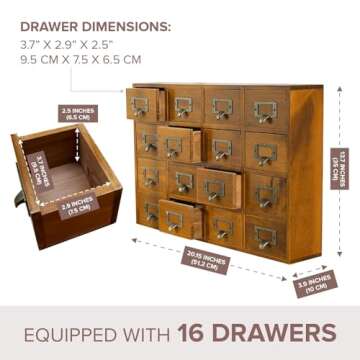 Card Catalog Desk Drawer Organizer - Wooden Storage Box with 16 Drawers - Home Office Desk Organizer...