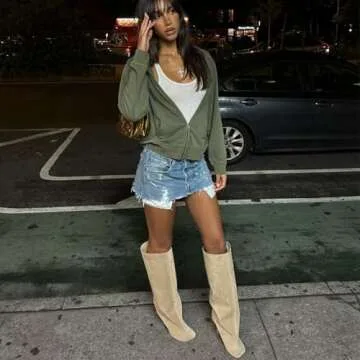 Yishaweiqi Beige Suede Knee High Boots for Women