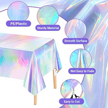 MADLYN RHUE 4 Pack Iridescence Plastic Tablecloths Shiny Disposable Laser Table Covers 54" x 108" Sequin Holographic Foil Tablecloths for Birthday, Wedding, Party, Picnic, Buffet, Holiday Decorations
