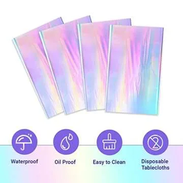 MADLYN RHUE 4 Pack Iridescence Plastic Tablecloths Shiny Disposable Laser Table Covers 54" x 108" Sequin Holographic Foil Tablecloths for Birthday, Wedding, Party, Picnic, Buffet, Holiday Decorations