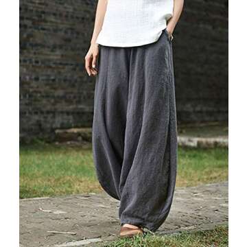 IXIMO Women's Casual Cotton Linen Baggy Pants with Elastic Waist Relax Fit Lantern Trousers Gray L