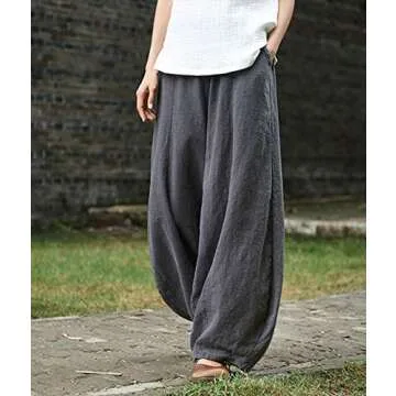 IXIMO Women's Casual Cotton Linen Baggy Pants with Elastic Waist Relax Fit Lantern Trousers Gray L