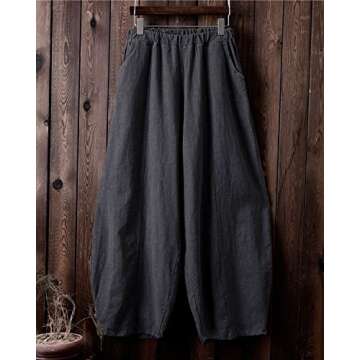 IXIMO Women's Casual Cotton Linen Baggy Pants with Elastic Waist Relax Fit Lantern Trousers Gray L