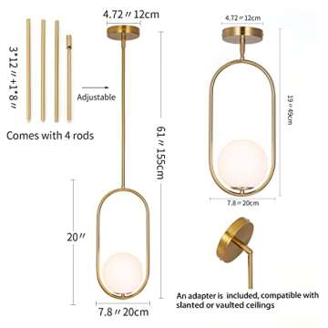 SeeU Modern Pendant Lighting Gold Globe Pendant Light Fixture,Mid Century Chandelier One Light Hangi...