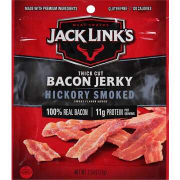 Jack Link's Bacon Jerky, Hickory Smoked - Flavorful Ready to Eat Meat Snack with 11g of Protein, Mad...