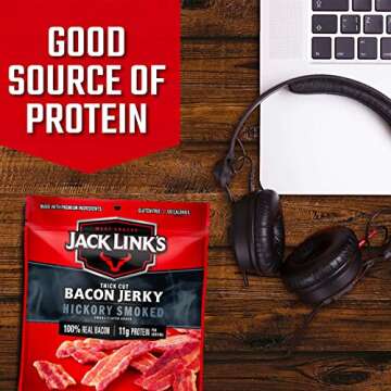 Jack Link's Bacon Jerky, Hickory Smoked - Flavorful Ready to Eat Meat Snack with 11g of Protein, Made with 100% Thick Cut Real Bacon, Protein Snack, Keto & Paleo Diet Ready, 2.5 oz.