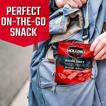 Jack Link's Bacon Jerky, Hickory Smoked - Flavorful Ready to Eat Meat Snack with 11g of Protein, Made with 100% Thick Cut Real Bacon, Protein Snack, Keto & Paleo Diet Ready, 2.5 oz.