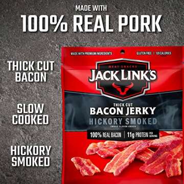 Jack Link's Bacon Jerky, Hickory Smoked - Flavorful Ready to Eat Meat Snack with 11g of Protein, Made with 100% Thick Cut Real Bacon, Protein Snack, Keto & Paleo Diet Ready, 2.5 oz.