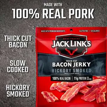 Jack Link's Bacon Jerky, Hickory Smoked - Flavorful Ready to Eat Meat Snack with 11g of Protein, Made with 100% Thick Cut Real Bacon, Protein Snack, Keto & Paleo Diet Ready, 2.5 oz.