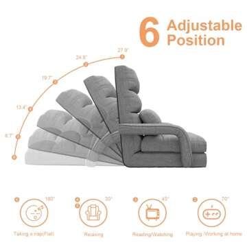 Floor Chair, Floor Gaming Chair with 6 Adjustable Position, Foldable Lazy Sofa Chair with Armrest for Adult, Comfy Chaise Lounge Indoor, Breathable Bed Sleeper for Bedroom, Yoga, Dorm