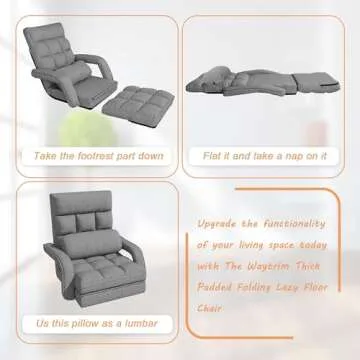 Floor Chair, Floor Gaming Chair with 6 Adjustable Position, Foldable Lazy Sofa Chair with Armrest for Adult, Comfy Chaise Lounge Indoor, Breathable Bed Sleeper for Bedroom, Yoga, Dorm