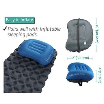 TREKOLOGY Ultralight Inflatable Camping Travel Pillow - ALUFT 2.0 Compressible, Compact, Comfortable, Ergonomic Inflating Pillows for Neck & Lumbar Support While Camp, Hiking, Backpacking