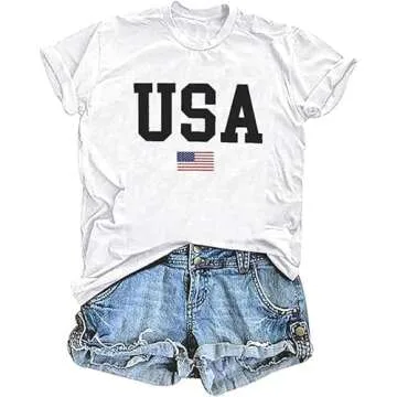 USA Flag Tee Shirt for Women 4th of July Memorial Day Gift T Shirt Casual Short Sleeve American Prou...