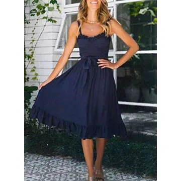 ZESICA Women's Bohemian Spaghetti Strap Floral Printed Tie, Navy, Size Small