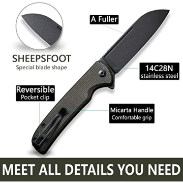 CIVIVI Chevalier Folding Pocket Knife, Button Lock EDC Knife 3.46" Stonewashed 14C28N Sheepsfoot Blade Micarta Handle, Utility Knife for Hiking Camping Fishing Work Outdoor