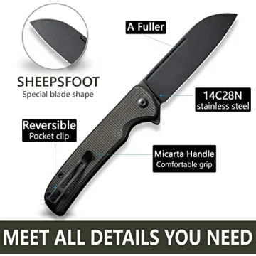 CIVIVI Chevalier Folding Pocket Knife, Button Lock EDC Knife 3.46" Stonewashed 14C28N Sheepsfoot Blade Micarta Handle, Utility Knife for Hiking Camping Fishing Work Outdoor