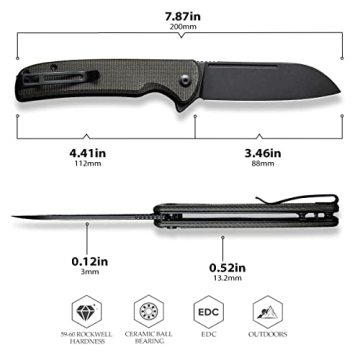 CIVIVI Chevalier Folding Pocket Knife, Button Lock EDC Knife 3.46" Stonewashed 14C28N Sheepsfoot Blade Micarta Handle, Utility Knife for Hiking Camping Fishing Work Outdoor