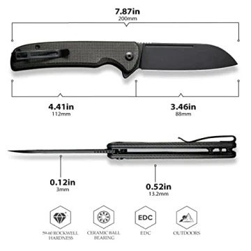 CIVIVI Chevalier Folding Pocket Knife, Button Lock EDC Knife 3.46" Stonewashed 14C28N Sheepsfoot Blade Micarta Handle, Utility Knife for Hiking Camping Fishing Work Outdoor