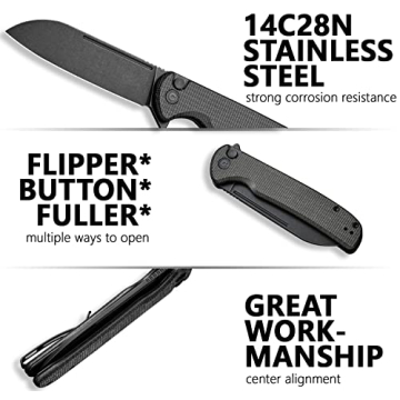 CIVIVI Chevalier Folding Pocket Knife, Button Lock EDC Knife 3.46" Stonewashed 14C28N Sheepsfoot Blade Micarta Handle, Utility Knife for Hiking Camping Fishing Work Outdoor