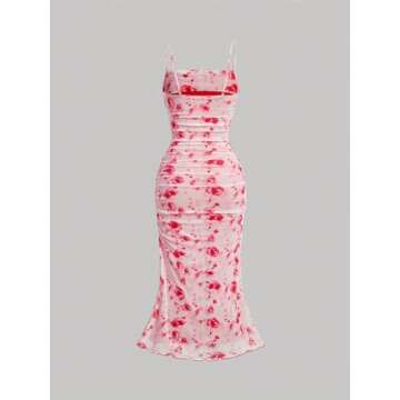 GORGLITTER Women's Floral Summer Bodycon Wedding Guest Dresses Mesh Ruched Fishtail Birthday Going O...