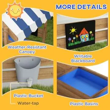 Outsunny Wooden Sandbox with Canopy, Kids Sand Pit with Liner, Blackboard, Sink, Playset, Flags, House Design, Outdoor Sandbox for 3-7 Years Old, 49" x 46" x 57.5", Brown
