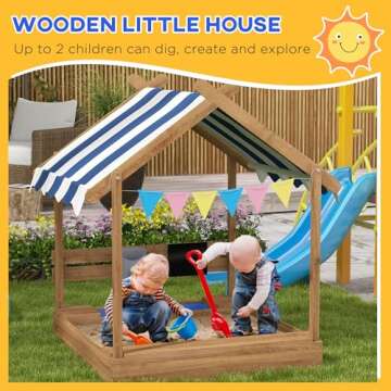 Outsunny Wooden Sandbox with Canopy, Kids Sand Pit with Liner, Blackboard, Sink, Playset, Flags, House Design, Outdoor Sandbox for 3-7 Years Old, 49" x 46" x 57.5", Brown