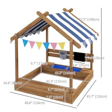 Outsunny Wooden Sandbox with Canopy, Kids Sand Pit with Liner, Blackboard, Sink, Playset, Flags, House Design, Outdoor Sandbox for 3-7 Years Old, 49" x 46" x 57.5", Brown