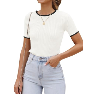 ZESICA Women's Short Sleeve Crewneck Ribbed Knit Slim Fit T Shirt Summer Basic Casual Color Block Te...