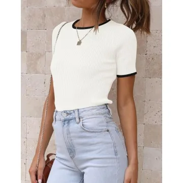Stylish ZESICA Women's Short Sleeve Ribbed Top