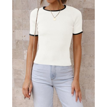 Stylish ZESICA Women's Short Sleeve Ribbed Top