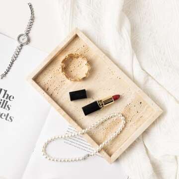 WORHE Italy Travertine Stone Vanity Tray for Jewelry, Perfume, Makeup, Candle,Natural Marble Decorat...
