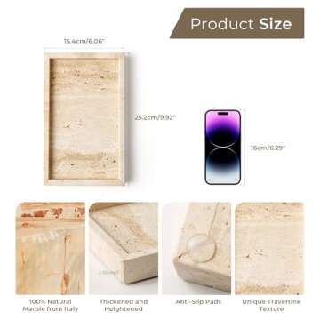 WORHE Italy Travertine Stone Vanity Tray for Jewelry, Perfume, Makeup, Candle,Natural Marble Decorative Trays for Bathroom Dresser Rectangle Kitchen Storage Organizer for Home Decor Beige (WH020)