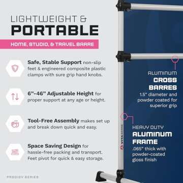 VITA Barre Portable Freestanding Double Ballet Barre, Prodigy, 4 Ft Bars, Satin Silver | Adjustable Height, USA Made, Home or Gym Exercise Equipment for Kids & Adults | Dance, Fitness, Pilates