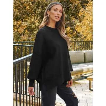 LILLUSORY Women's Oversized Batwing Sweaters 2024 Fall Outfits Crewneck Ribbed Knit Side Slit Trendy Pullover Tops Black M