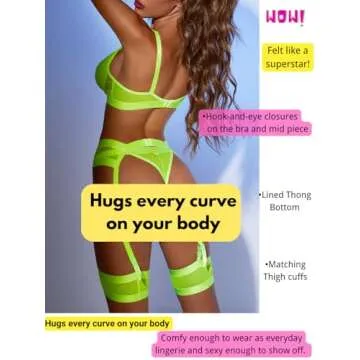 Kaei&Shi Garter Belt Thong Lingerie For Women,Strappy Hollow Out Sexy Lingerie,Underwire Mesh Sheer Matching 4 Piece Lingerie Set Petite Boudoir Neon Green Small